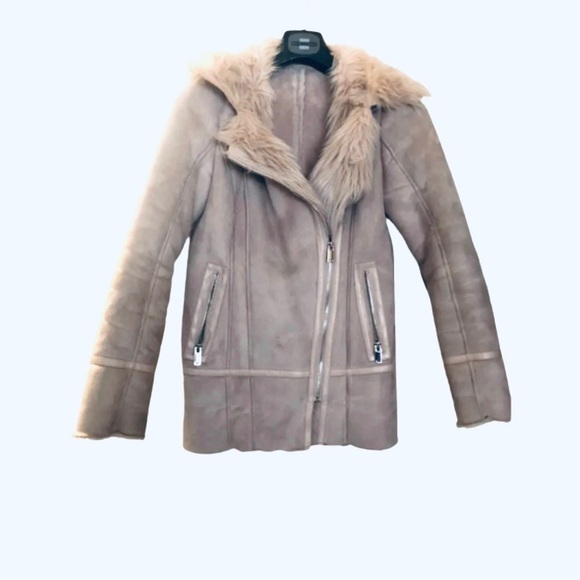 𝅺F&F Coat Faux Fur & Suede Light Gray Aviator Style - Picture 1 of 9